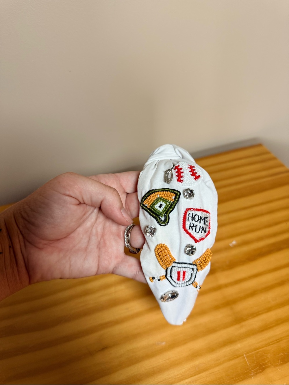 White Kids Baseball Patch Headband with Embroidered 'Home Run' Accent